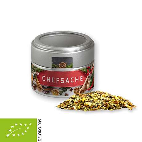 Bio Weihnachts Gewürzmischung Chefsache, ca. 50g, Metalldose Mini mit Sichtfenster silber