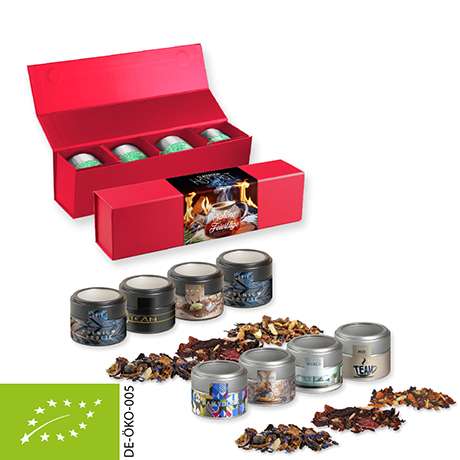 Verschiedene Weihnachts Teesorten, Bio und nicht-Bio, ca. 120-140g, Geschenk-Set Premium rot mit Mag