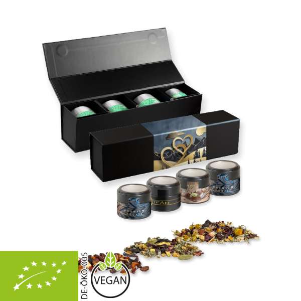 Verschiedene Teesorten, Bio und nicht-Bio, ca. 60-140g, Geschenk-Set Premium schwarz mit Magnetversc