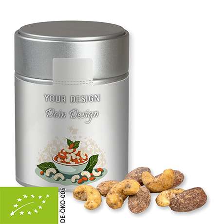 Bio Zimt-Mandel Vanille-Cashew Mix, ca. 100g, Metalldose Midi silber