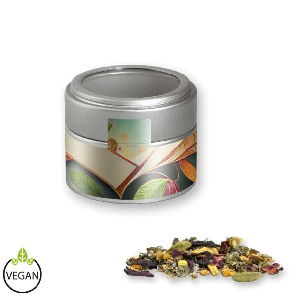 Ayurveda Relax-Tee, ca. 35g, Metalldose Mini mit Sichtfenster silber