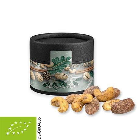 Bio Zimt-Mandel Vanille-Cashew Mix, ca. 40g, Biologisch abbaubare Eco Pappdose Mini schwarz