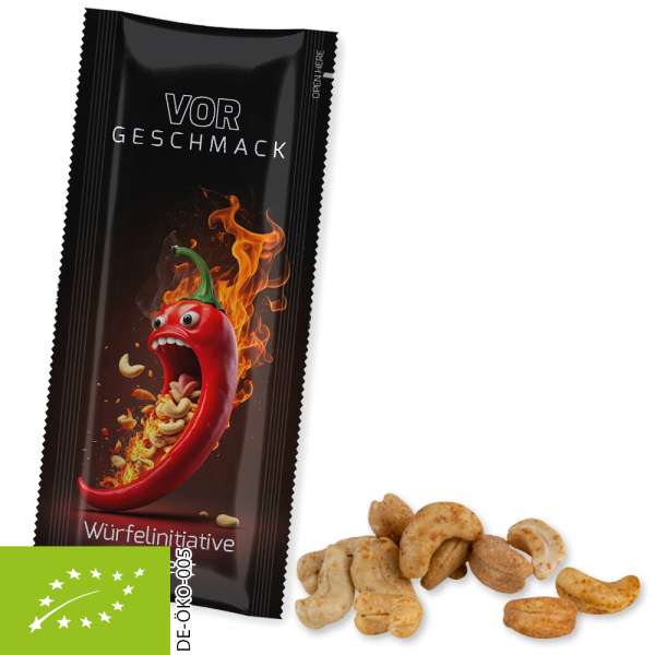 Bio Cashewkerne geröstet gesalzen mit Chilli, ca. 15g, Snack Stick