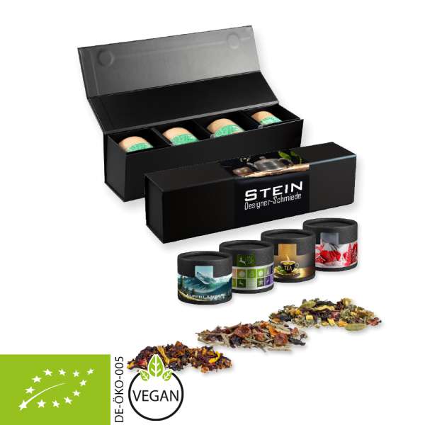 Verschiedene Teesorten, Bio und nicht-Bio, ca. 60-140g, Geschenk-Set Premium schwarz mit Magnetversc