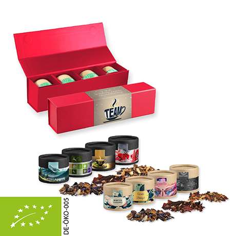 Verschiedene Weihnachts Teesorten, Bio und nicht-Bio, ca. 80-120g, Geschenk-Set Premium rot mit Magn