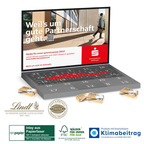 Adventskalender "Laptop" Lindt Organic mit Lindt Schokotäfelchen